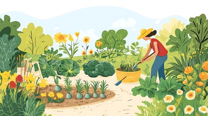 Woman Gardening in a Vibrant Flower and Vegetable Garden