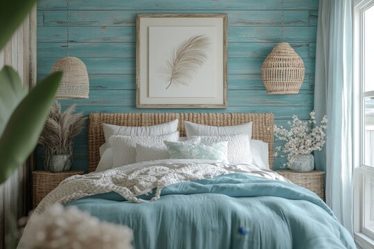 Mock up frame in cozy home interior background, coastal style bedroom, 3d render