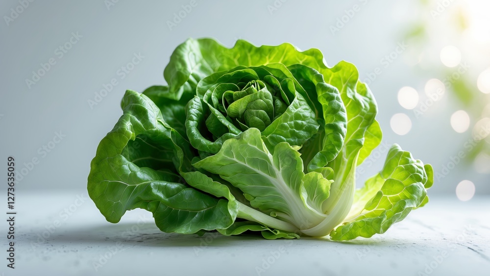 Poster fresh romaine lettuce placed on a light surface with soft lighting and a hint of greenery in the bac