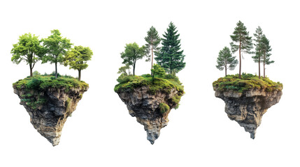 Four floating islands with forests, isolated on a transparent background, detailed, photographic stock image