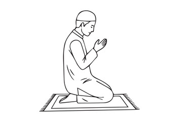 Muslim Man Praying Hands vectors, During Ramadan, Muslims worship and pray to Allah. This illustration depicts a Muslim individual sitting in prayer, drawn in a single continuous line.