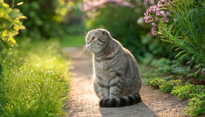 Obraz premium a gray lop eared tabby domestic cat sits on a path in the garden on a summer day