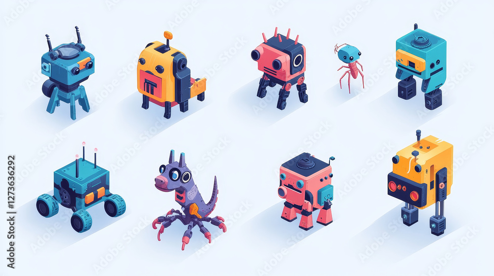 Poster robots collection on vector robotic characters illustration isolated on white. robotized toys in iso