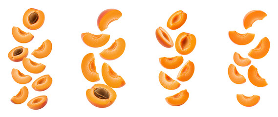 apricot fruit set PNG. apricots isolated. Fresh apricot slices falling down PNG. Juicy apricot pieces tumbling down in mid-air isolated. Ripe apricot chunks dropping from above PNG