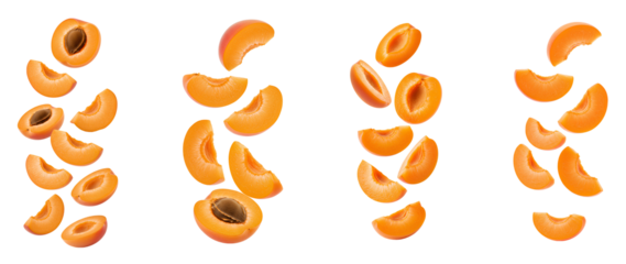 apricot fruit set PNG. apricots isolated. Fresh apricot slices falling down PNG. Juicy apricot pieces tumbling down in mid-air isolated. Ripe apricot chunks dropping from above PNG