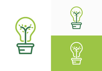 Ecological concept of green light bulb with human inside and green plants. Vector illustration of combination of light bulb and leaves.