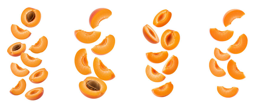 apricot fruit set PNG. apricots isolated. Fresh apricot slices falling down PNG. Juicy apricot pieces tumbling down in mid-air isolated. Ripe apricot chunks dropping from above PNG