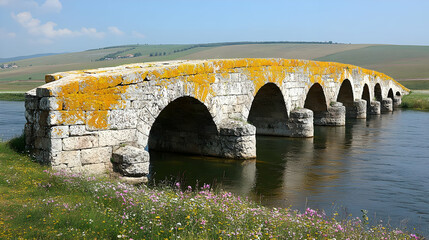 Fototapeta premium Old Stone Arch Bridge Over River With Lush Vegetation