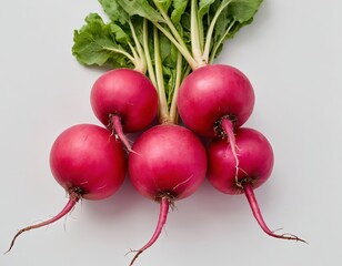 Fresh red radishes with vibrant green leaves on a light background.
