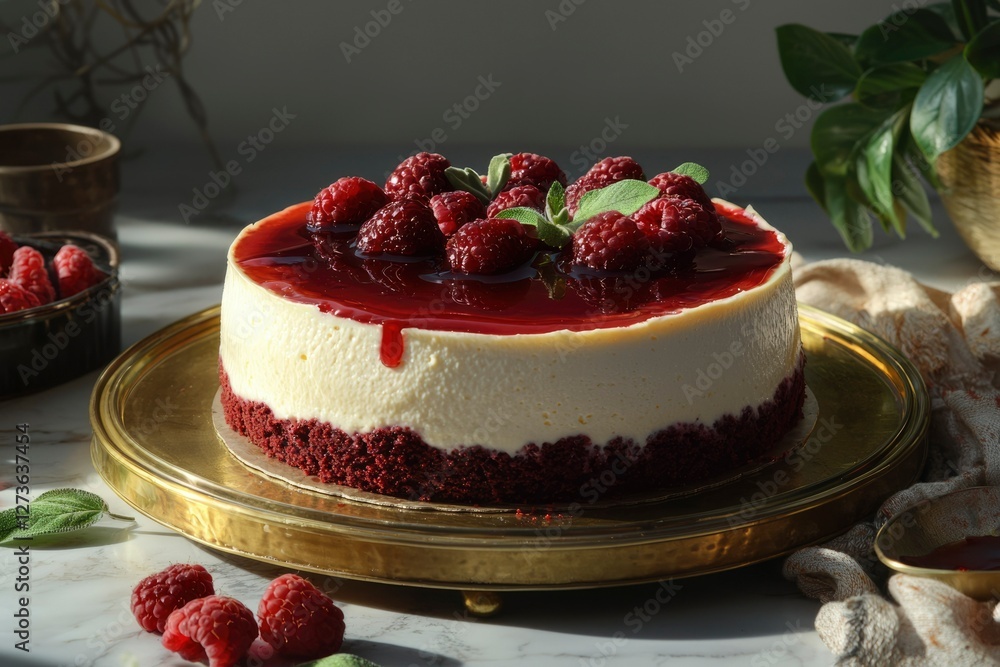 Wall mural Cheesecake topped with raspberries on a golden plate, a sweet dessert background