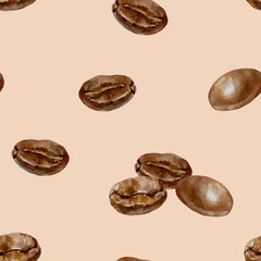 Coffee beans brown roasted, seamless pattern, watercolor. Hand drawn vector illustration. For cards, wrapping paper, covers, fabric, wallpaper, textile.