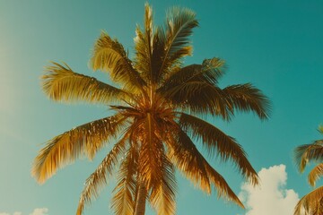 Tropical palm tree blowing gently in the wind under a vibrant blue sky