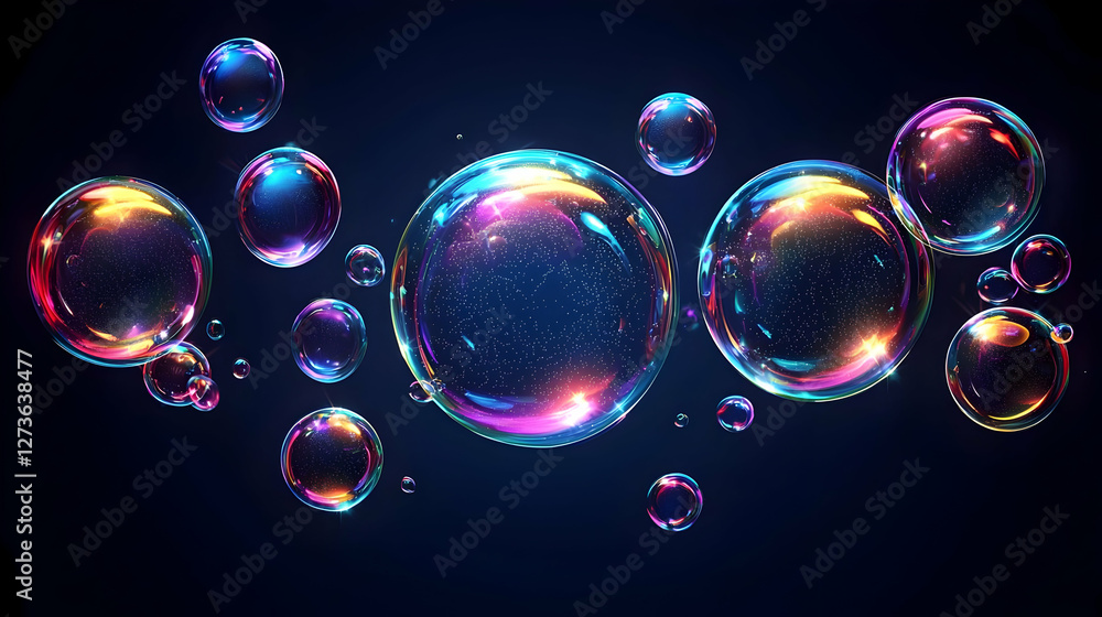 Poster iridescent soap bubbles float on dark background