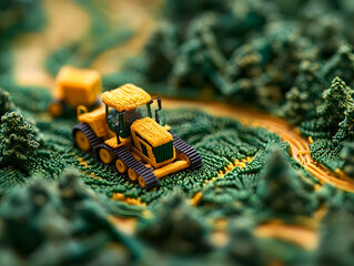 Miniature tractor on textured landscape