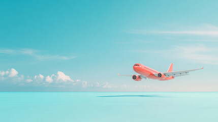 Red airplane flying above turquoise ocean under clear sky and clouds