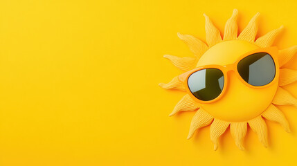 Bright sun with sunglasses on vibrant yellow background symbolizing summer fun