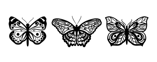 Ornamental Black and White Butterfly Set. Intricate Hand-Drawn Butterfly Silhouettes for Tattoos, Stickers, Logos, Wall Art, Laser Cutting, and Decorative Design Elements