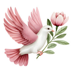Obraz premium watercolor dove with pink wings carrying flower branch, symbolizing peace and love