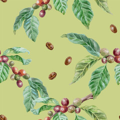 Coffee branch with green leaves and berries, roasted beans, seamless pattern, watercolor. Hand drawn vector illustration. For cards, wrapping paper, covers, fabric, wallpaper, textile.