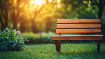 Fototapeta premium Relaxing scene with empty wooden table and chair in lush green park nature photography serenity daylight