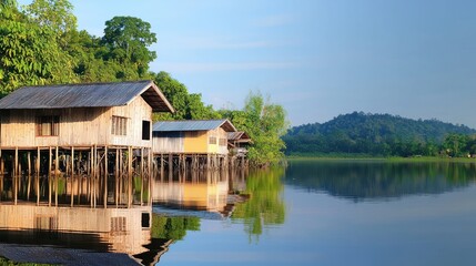 Naklejka premium Houses on Stilts by the River