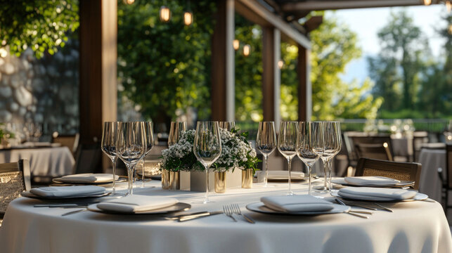 Elegant outdoor dining setup at a restaurant with floral centerpiece during golden hour