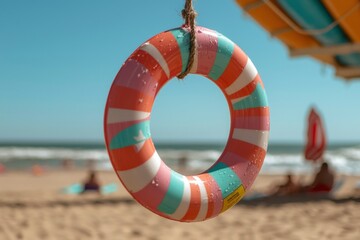 Colorful ring buoy hanging on beach under umbrella. Summer vacation safety concept