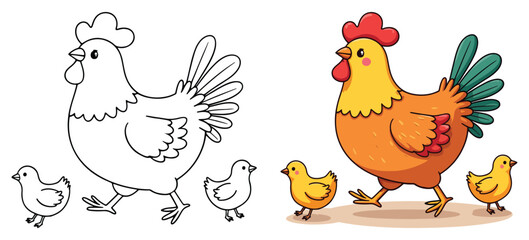 A hen is walking around with some of her chicks Isolated Line Art Vector Outline Illustration Black and White with Coloring Sample © Crafter