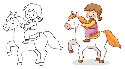 A girl is playing with a horse Isolated Line Art Vector Outline Illustration Black and White with Coloring Sample