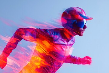 Obraz premium Speed Runner Athlete in motion with colorful blur effect against light background