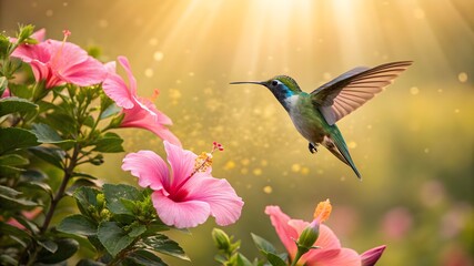 Obraz premium Hummingbird and Hibiscus in Sunlight Vibrant Nature Scene