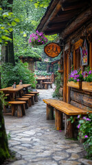Rustic outdoor dining area surrounded by lush greenery and vibrant flowers in a serene forest setting