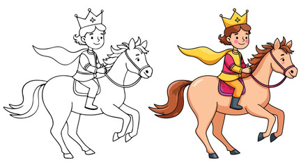A prince is riding on a horse Isolated Line Art Vector Outline Illustration Black and White with Coloring Sample