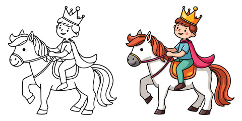 A prince is riding on a horse Isolated Line Art Vector Outline Illustration Black and White with Coloring Sample