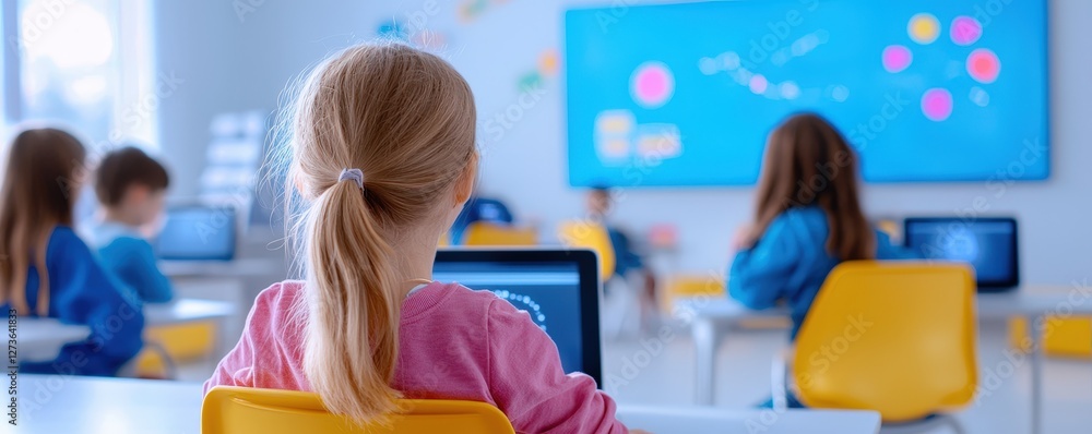 Poster a classroom scene with children using laptops, focused on a colorful digital screen displaying educa