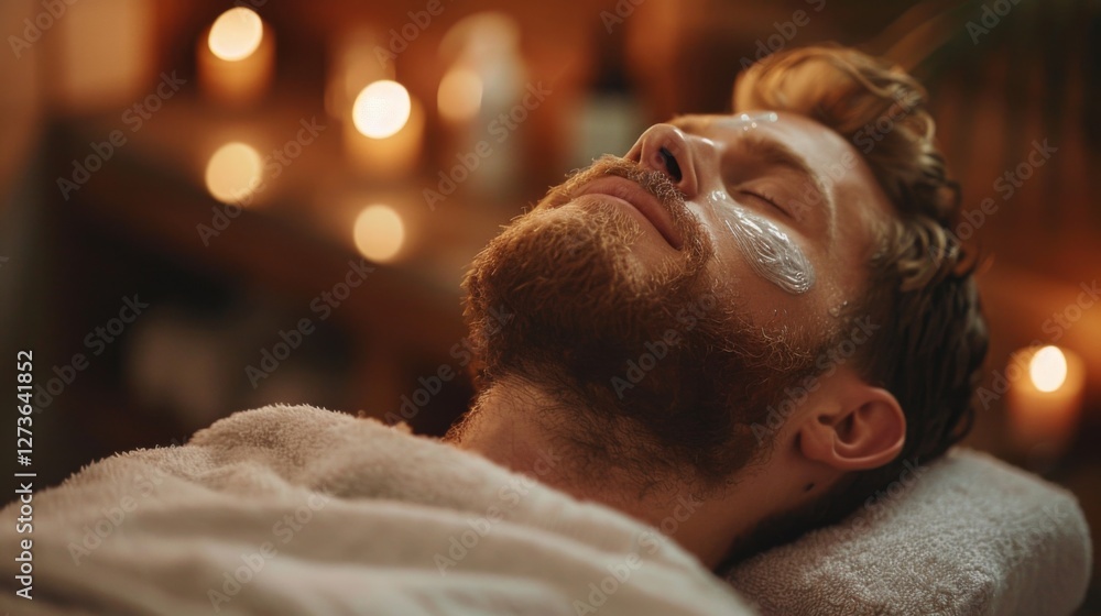 Poster a man is reclining comfortably with a facial mask applied, surrounded by flickering candles and a pe