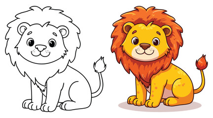 A Cute Lion Isolated Line Art Vector Outline Illustration Black and White with Coloring Sample
