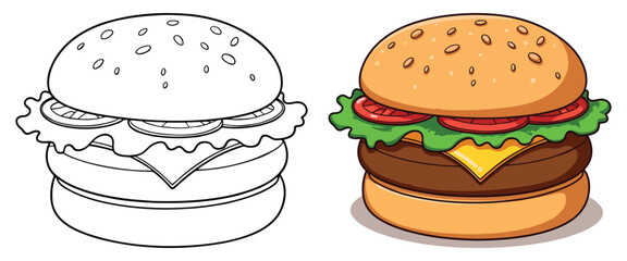 A Cute Burger Isolated Line Art Vector Outline Illustration Black and White with Coloring Sample
