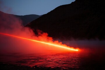 Fototapeta premium Laser display at dusk in mountains reflecting on surface for creative projects