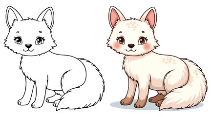 A Cute Fox Isolated Line Art Vector Outline Illustration Black and White with Coloring Sample