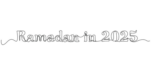 one continuous line ramadan 2025 word sign.one line drawing of ramadan 2025 text decorative.simple single line vector illustration drawing.isolated white background