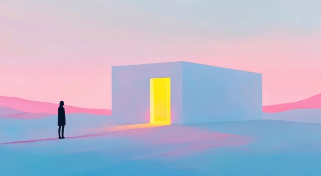 Surreal landscape featuring a figure standing before a glowing doorway in a minimalist setting at dawn