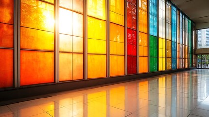Colorful glass wall, sunlit hallway