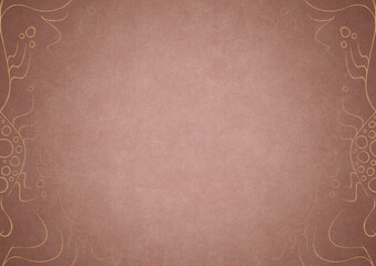 Pale pink textured paper with vignette of golden hand-drawn pattern on a darker background color. Copy space. Digital artwork, A4. (pattern: p13-1a)