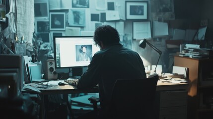 A detective in a cluttered office reviewing surveillance footage. Featuring technology and investigation