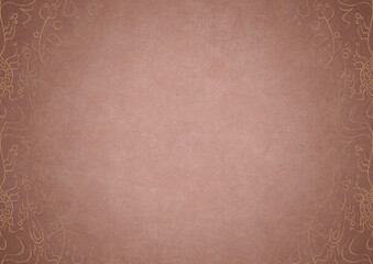 Pale pink textured paper with vignette of golden hand-drawn pattern on a darker background color. Copy space. Digital artwork, A4. (pattern: p13-1b)