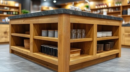 Obraz premium Wooden kitchen island with built-in shelves, modern interior design