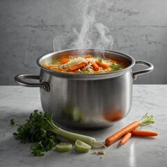 A steaming pot of soup with ingredients like carrots, celery, and noodles floating on the surface, placed on a white countertop.