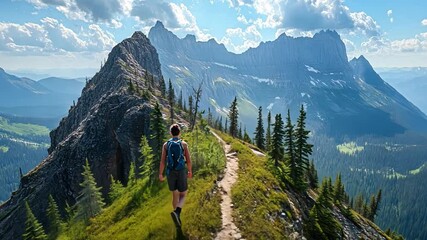Mountain Trail Adventure: A solitary hiker, with a backpack, journeys along a scenic mountain trail, with lush green grass and trees, under a sky of wispy clouds.