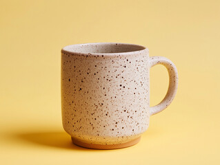 Stylish Ceramic Coffee Mug with Speckled Design on Pastel Yellow Background